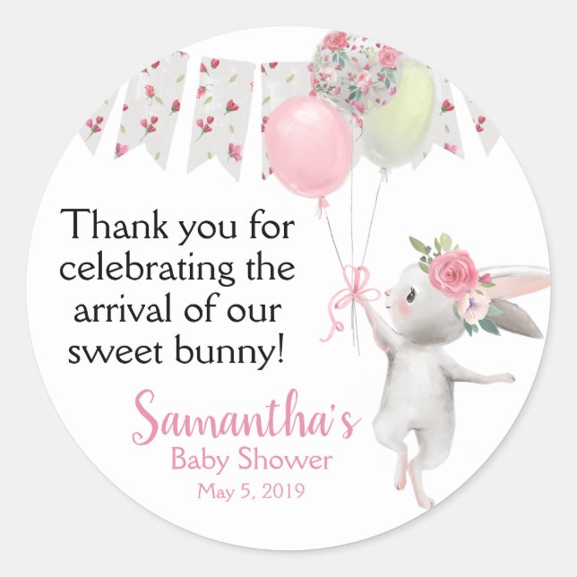 Sticker Rond Baby shower de lapin à fleurs de printemps merci a (Devant)