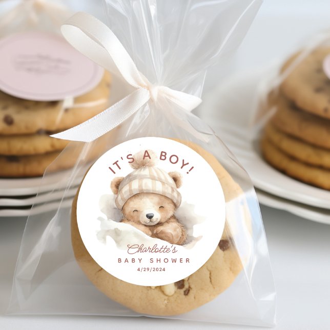 Sticker Rond Baby shower de l'ours de baseball C'est un garçon (Créateur téléchargé)