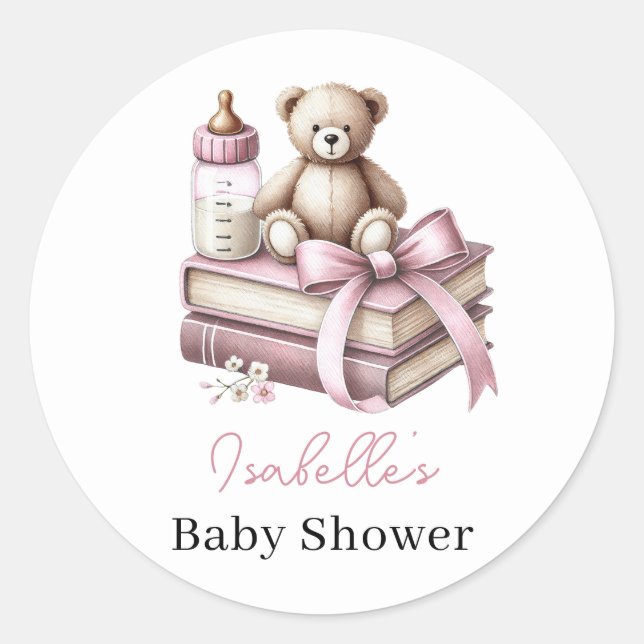 Sticker Rond Baby shower de l'ours en peluche de la fille rose  (Devant)