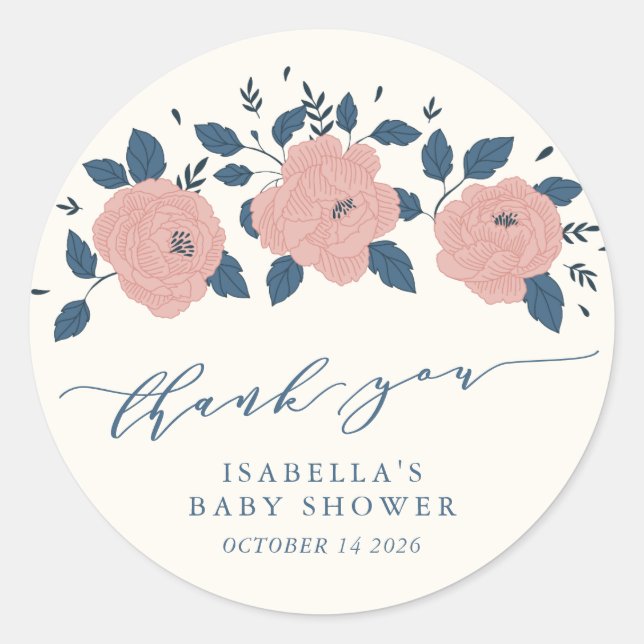 Sticker Rond Baby shower de Merci à fleurs bleu élégant (Devant)