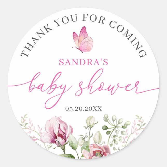 Sticker Rond Baby shower de Merci à papillon floral (Devant)