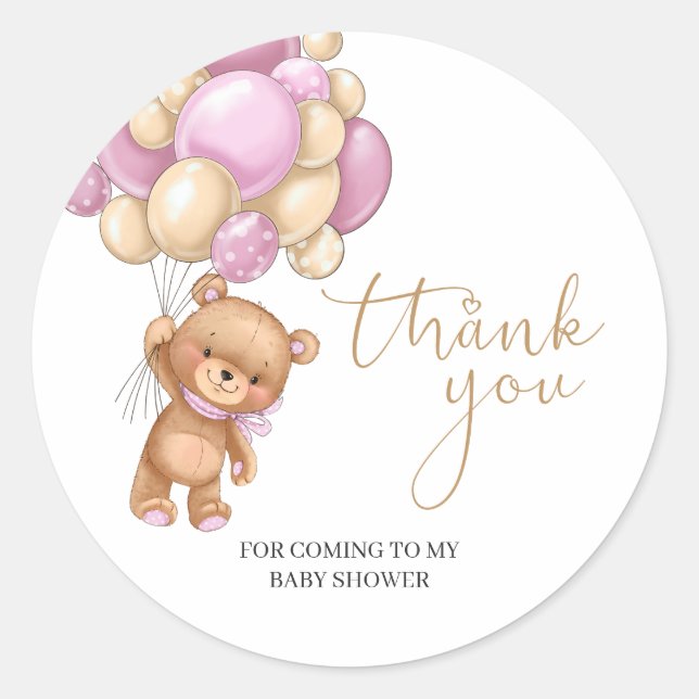 Sticker Rond Baby shower de Merci de ballons roses Teddy Bear (Devant)