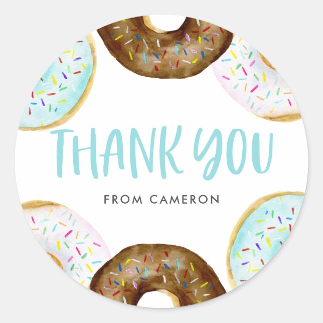 Sticker Rond Baby shower de Merci de Donuts au bleu et au choco (Devant)