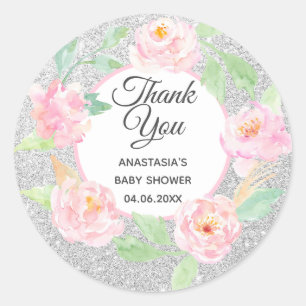 Sticker Rond Baby shower de Merci de  en argent et rose