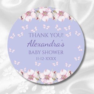 Sticker Rond Baby shower de Merci de papillon rose Lilac