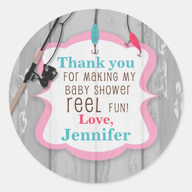 Sticker Rond Baby shower de Merci de pêche excitée Reel (Devant)