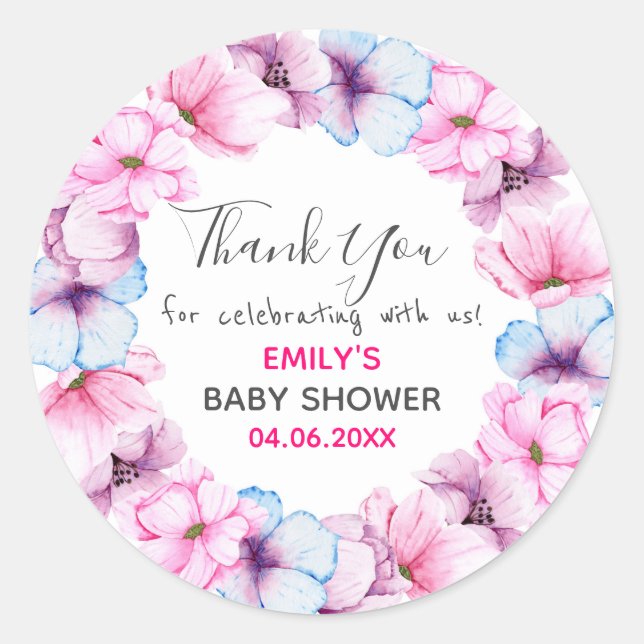 Sticker Rond Baby shower de Merci de  rose fleuri (Devant)