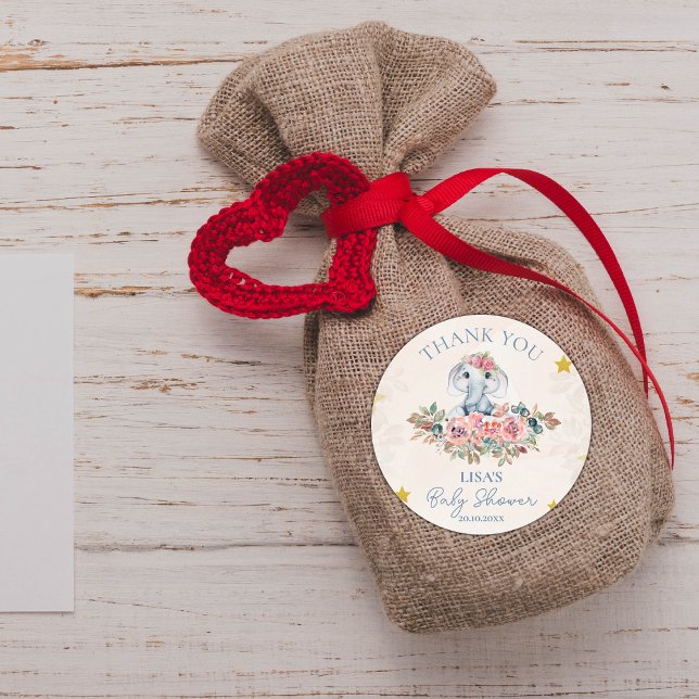 Sticker Rond Baby shower de Merci d'éléphant floral mou (Cute Floral Elephant Thank You Baby Shower Classic Round Sticker)