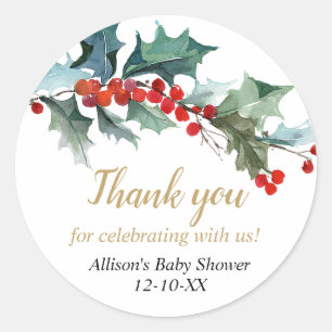 Sticker Rond baby shower de Noël Verdure or rouge sacré
