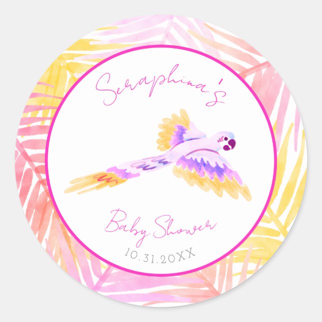 Sticker Rond Baby shower de perroquets tropicaux rose hawaïen (Devant)