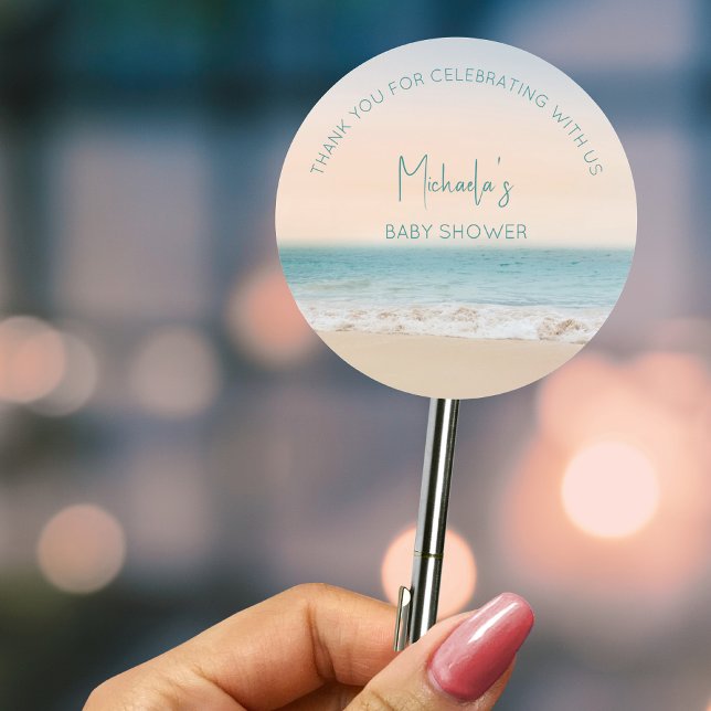 Sticker Rond Baby shower de plage de Merci personnalisé (Créateur téléchargé)