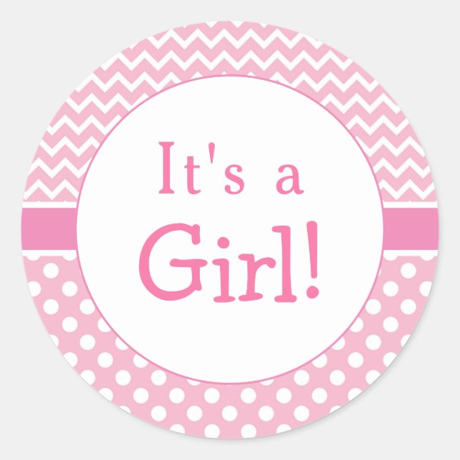 Sticker Rond Baby shower de points Chevron et Polkas Rose (Devant)