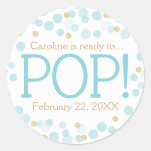 Sticker rond Baby shower de points d'or bleu