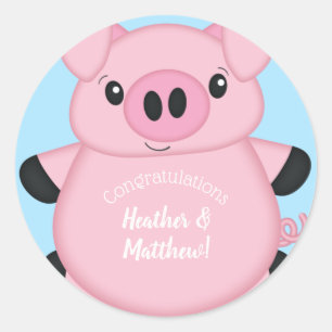 Sticker Rond Baby shower de porc ferme Blue Boy