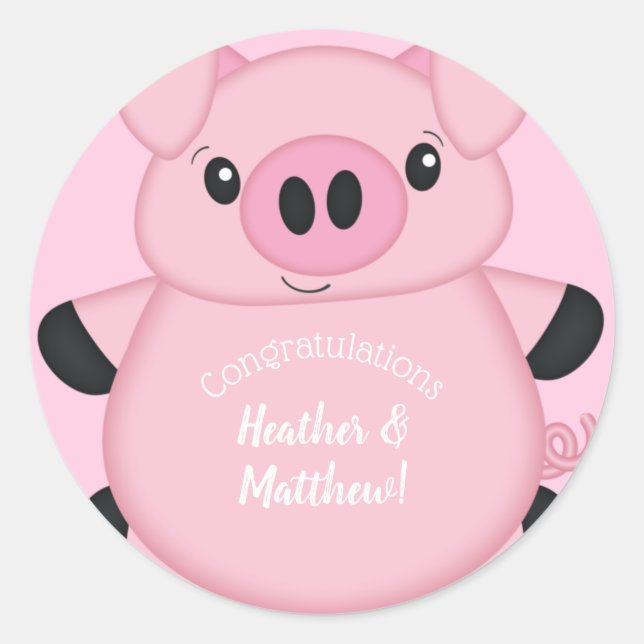 Sticker Rond Baby shower de porc rose (Devant)