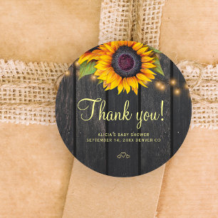 Sticker Rond Baby shower de tournesol en bois rustique merci