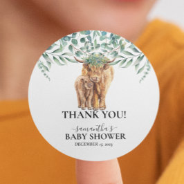 Sticker Rond Baby shower de veau de vache de Highland Eucalyptu
