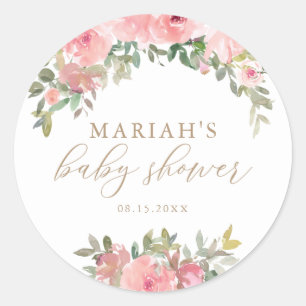 Sticker Rond Baby shower de verdure fleurie rose vif