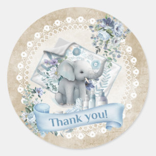 Sticker Rond Baby shower d'éléphant beige et bleu rétro