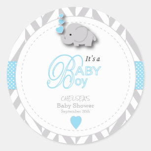 Sticker Rond Baby shower d'éléphant bleu, gris blanc