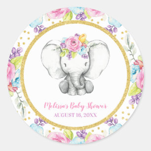 Sticker Rond Baby shower d'éléphant floral d'aquarelle