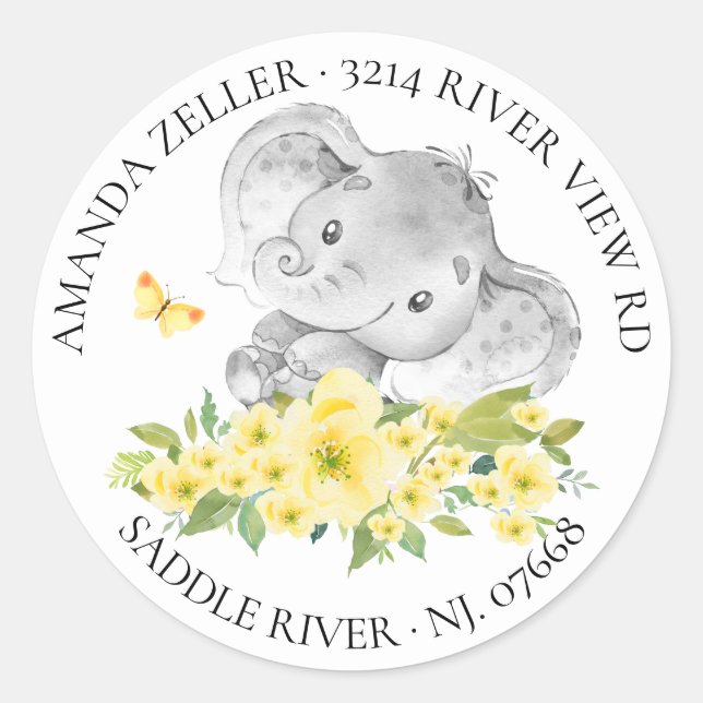 Sticker Rond Baby shower d'éléphant neutre heureux Adresse de r (Devant)