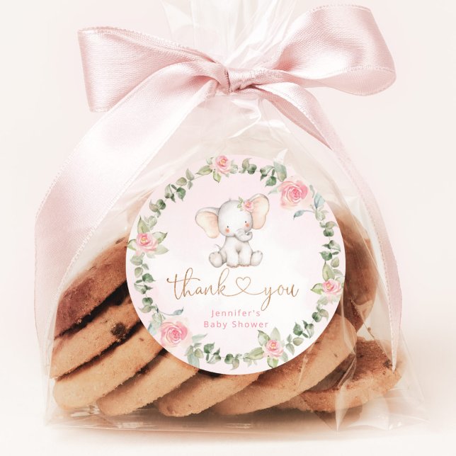 Sticker Rond Baby shower d'éléphant rose eucalyptus (Créateur téléchargé)