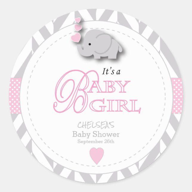 Sticker Rond Baby shower d'éléphant rose, gris blanc (Devant)