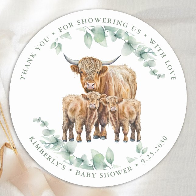 Sticker Rond Baby shower des animaux de ferme Highland Cow Twin (Créateur téléchargé)