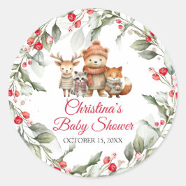 Sticker Rond Baby shower des animaux de Noël en bois