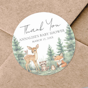 Sticker Rond Baby shower des animaux forestiers de bois Merci