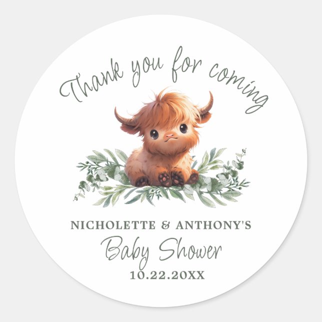 STICKER ROND BABY SHOWER DES COUPLES MODERNES DE HOW HIGHLAND (Devant)