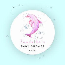 Sticker Rond Baby shower des dauphins océaniques aquarelles