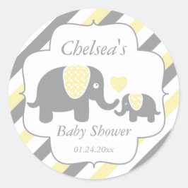 Sticker Rond Baby shower des éléphants blancs, jaunes et gris