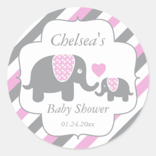 Sticker Rond Baby shower des éléphants blancs, roses et gris