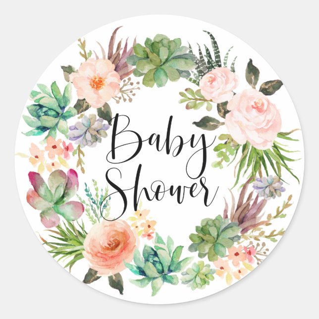 Sticker Rond Baby shower d'été Boho Succulents Floral Wreath (Devant)