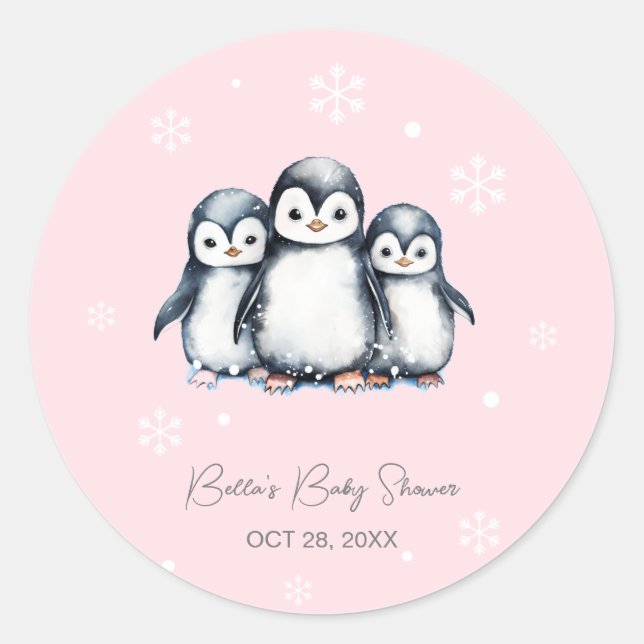 Sticker Rond Baby shower d'hiver de Pingouin mignon (Devant)