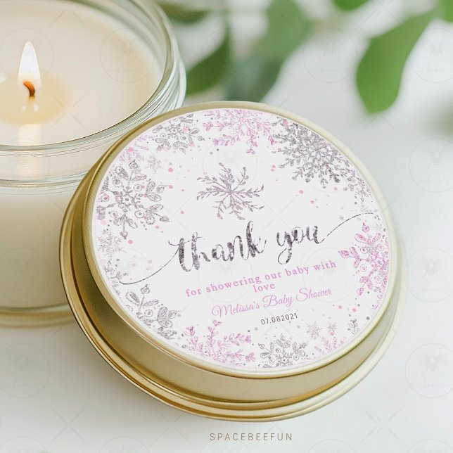 Sticker Rond Baby shower d'hiver Fille de flocon de neige (Snowflake round sticker, winter baby shower sticker, girl baby shower sticker, snowflake theme stick)