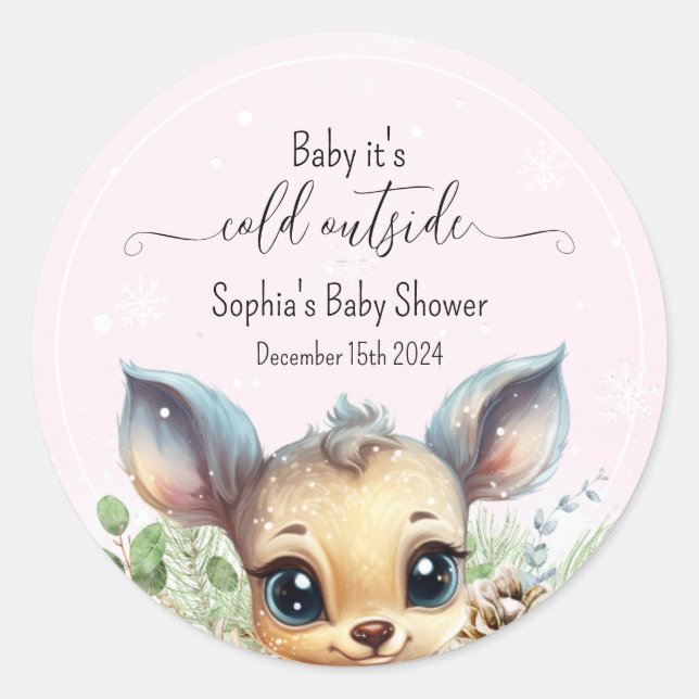 Sticker Rond Baby shower d'hiver Rose Froid Deer (Devant)