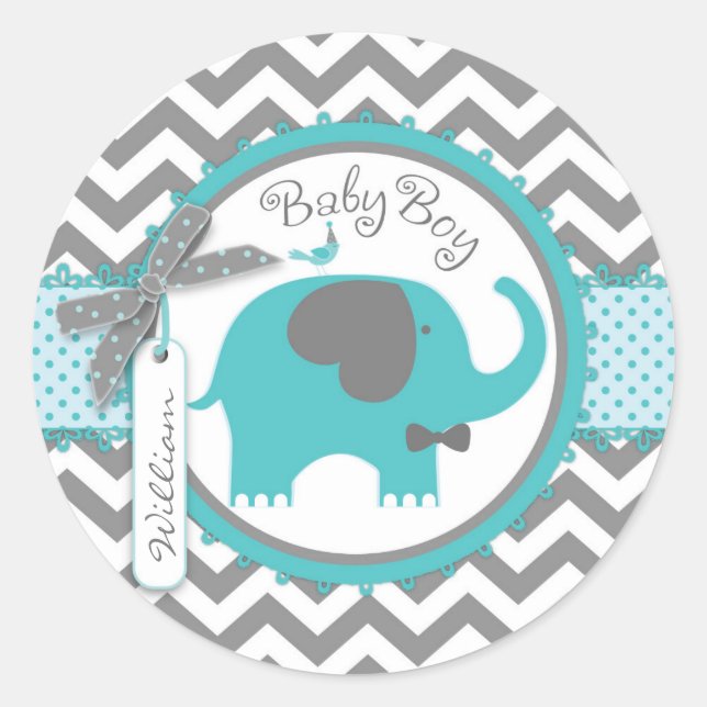 Sticker Rond Baby shower d'impression Chevron turquoise Elephan (Devant)
