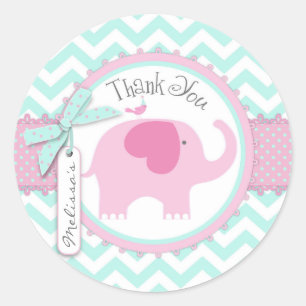 Sticker Rond Baby shower d'impression Pink Elephant et Chevron