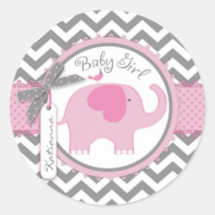 Sticker Rond Baby shower d'impression Pink Elephant et Chevron