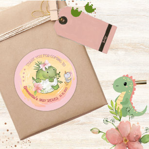 Sticker Rond Baby shower Dino et Duckling rose personnalisé