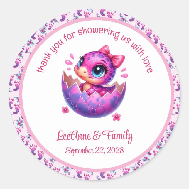 Sticker Rond baby shower Dinosaure Rose Cute (Devant)