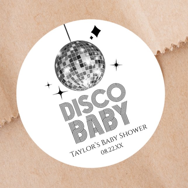 Sticker Rond Baby shower Disco Ball 'Disco Baby' en argent (Créateur téléchargé)