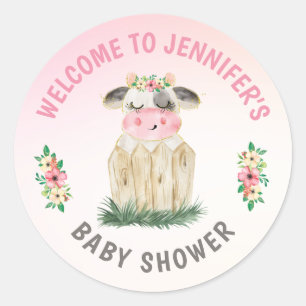 Sticker Rond Baby shower d'or rose Vache Cute personnalisé
