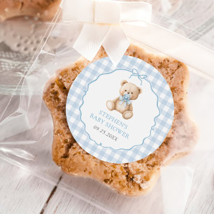 Sticker Rond Baby shower d'ours en En vichy bleu