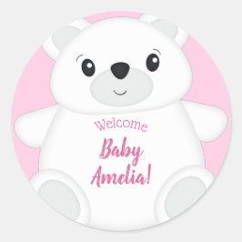Sticker Rond Baby shower d'ours polaire rose