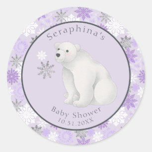Sticker Rond Baby shower d'ours polaire violet d'hiver