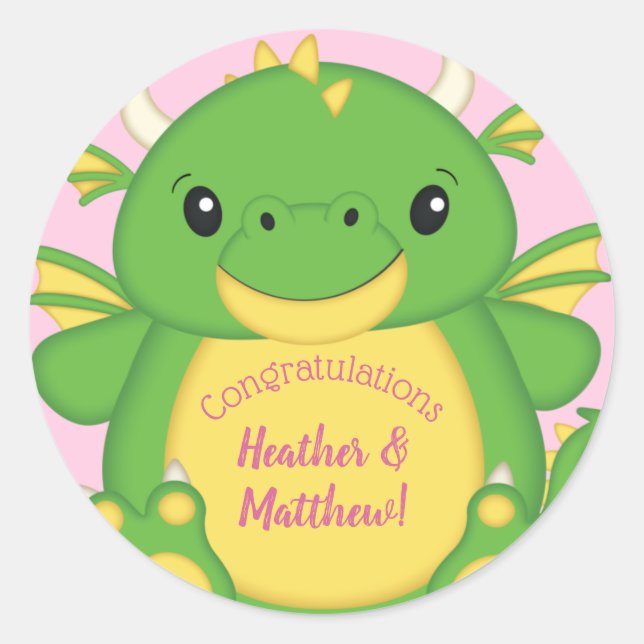 Sticker Rond Baby shower Dragon rose (Devant)